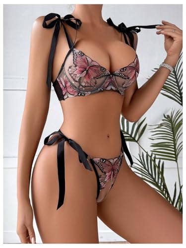 SOLY HUX Lingerie for Women 2 Piece Embroidery Mesh Sheer Underwire Bra and Panty Lingerie Sets2