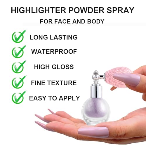 Spray em pó iluminador, spray de glitter brilhante para rosto e cabelo, spray brilhante à prova d'á