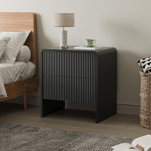 Image of Set of 2 Curved Nightstand with 2 Drawers, Wooden Bedside Table with Push to Open Storage, Modern End Table for Bedroom, Black
