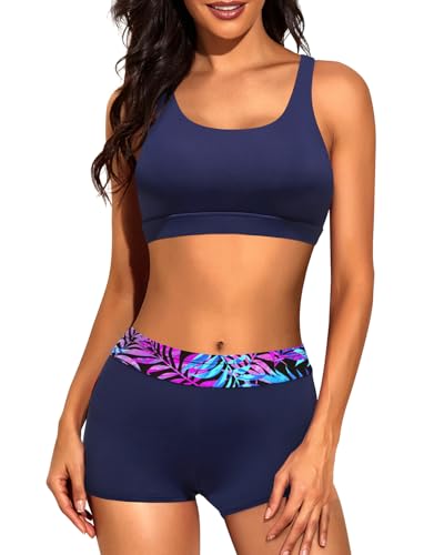 Image of 3 Piece Tankini Long Sleeve Swimsuits Athletic Rash Guard Bathing Suits | Modest,Full Coverage,High Waisted Short,Quick Dry,Criss Cross Back