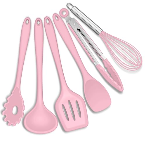 Joyfair Küchenutensilien Set, 6 Stück Silikon Küchenhelfer Kochbesteck Set, Rosa Antihaft Pfannenwender Küchen zum Kochen & Backen, Hitzebeständiger & Lebensmittelqualität, Spülmaschinenfest