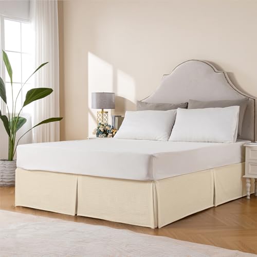 Image of MIYE Pleated Waffle Weave Bed Skirt, Tailored Dust Ruffle 14 Inch Drop Easy Fit, Machine Washable,No Split Corners (Light Beige, King - 14 inch Drop)