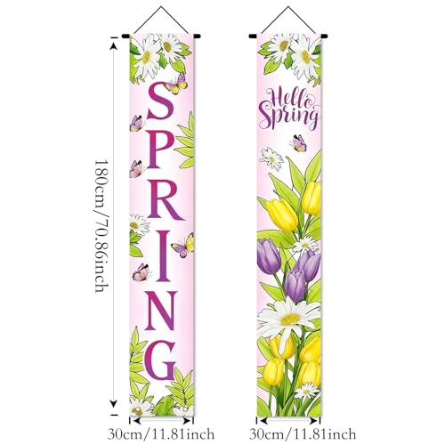 Image of Nuxovilar Hello Spring Tulip Daisy Porch Banners 12x70 Inches Polyester | Spring Porch Sign, Hanging Decor Colorful welcome Banner, Floral Tulip Accent Garden, Yard, Home (Hello Spring)