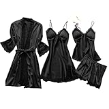 PonPed Conjuntos de Pijama de Seda con Ribete de Encaje para Mujer, 4 Uds., camisón, Pantalones Cortos, camisón, Conjuntos de Ropa de Dormir de satén Sexy (S,Black)