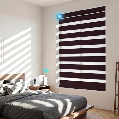 BERISSA Motorized Zebra Blinds with Remote,Smart Zebra Blinds for Indoor Windows with Voice,APP Control,Linen Rechargeable Electric Window Shades for Home,Office,QM-Red,Custom Size
