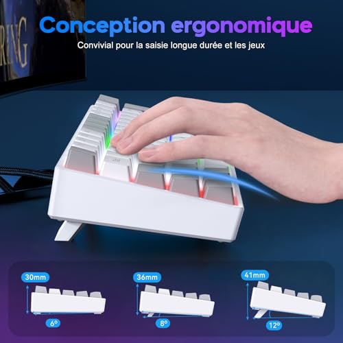Clavier Mecanique - Clavier Gamer de Jeu Filaire Switchs Bleu, AZERTY Français, LED Rétroéclairé, Clavier Gaming Mini 60% pour PC/Windows/PS5/PS4, Blanc et Gris – Image 4
