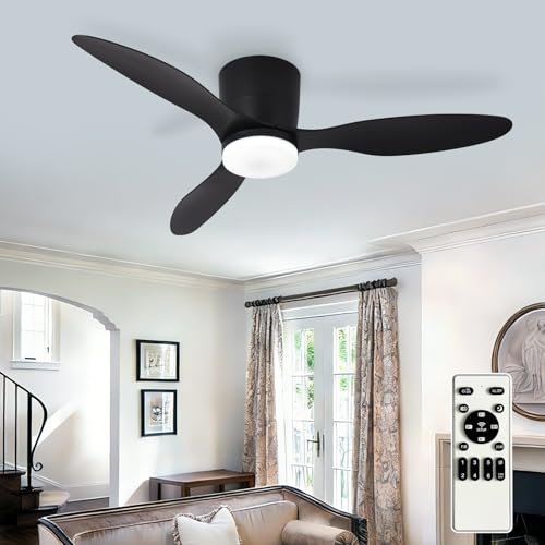 Image of Depuley Flush Mount Ceiling Fan: 42-Inch Black Ceiling Fans with Lights for Bedroom Indoor Outdoor - Low Profile Ceiling Fans with Remote Control 24W 3CCT Dimmable 3 Reversible Black Blades 6 Speeds