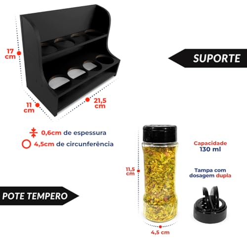 Kit Porta Tempero Parede ou Mesa com 8 Potes de Plástico 130ml com Tampa Dosadora Dupla para Tempero