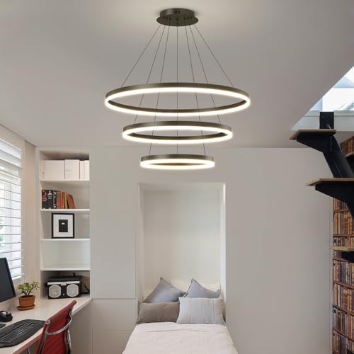 LED Modern Pendant Light Fixture, 3 Ring Circular Black Chandelier Dimmable 3000K-6500K, Adjustable Height, Hanging Ceiling Light for Dining Room, Kitchen Island, Living Room, Bedroom, Entryway