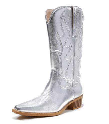 Arromic Wide Calf Cowboy Boots Women Western Cowgirl Boots Square Toe Mid Calf Embroidered Pull on Chunky Heel Fashion Boots