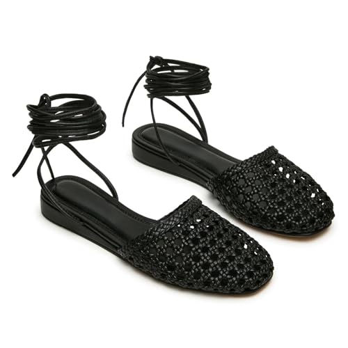 Image of Woven Ballet Flats for Women Lace Up Closed Square Toe Summer Sandals Dressy Shoes