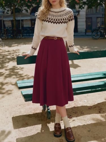 Image of Casly Lamiit A-Line Midi Skirts for Women Business Skirt | Elastic High Waisted, Pleated with Pockets, Work Skirts Casual