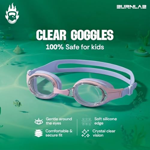 Image of BURNLAB Swimming Goggles for Kids, Clear Vision Pool Goggles for Boys & Girls, Easy Adjustable Strap (Blue and Pink)