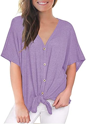 MIHOLL Womens Loose Blouse Short Sleeve V Neck Button Down T Shirts Tie Front Knot Casual Tops…