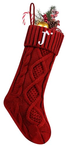 Personalized Christmas Stockings with Initials, 18 Inches Large Embroidered Monogrammed Cable Knit Christmas Stocking for Family, Xmas Holiday Party Gifts & Decoration for Fireplace(Burgundy,Letter J)
