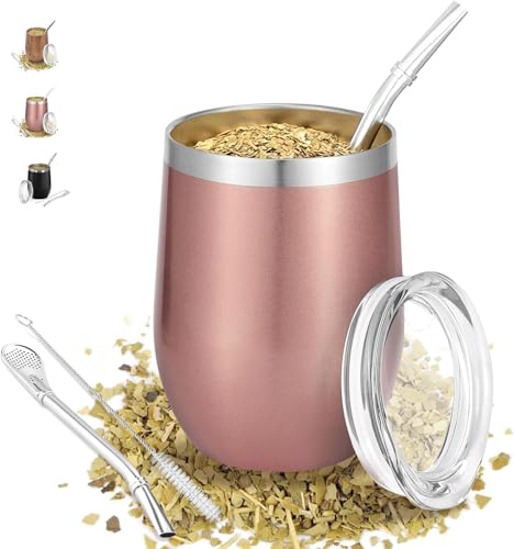 Gobelet à maté, 340 ml, double paroi en acier inoxydable 18/8, avec paille à maté et une brosse de nettoyage, tasse à maté (or rose)
