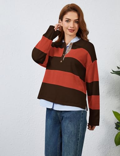 Image of Womens Striped Sweater Rugby Polo Shirts Y2k Collar Pullover Tops | Rugby Shirt,Long Sleeve Knit Top,Lapel V Neck Jumper,Oversized,Casual Outings Streetwear,Preppy Sweater,Fall Winter Clothes