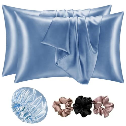 Image of Go Well Bonnet for Curly Hair with Free Satin Pillow Covers and Scrunchies | Combo of Pack of 2 Satin Pillowcases with 3 Adjustable Hair Caps (sky)