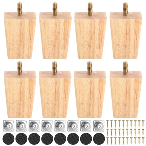 YAYODS Lot de 8 Pieds de Meuble en Chêne Massif 6cm - Pieds de Canapé Carrés avec Boulon M8 - Pied de Lit et de Placard Robuste avec Plaques de Montage et...