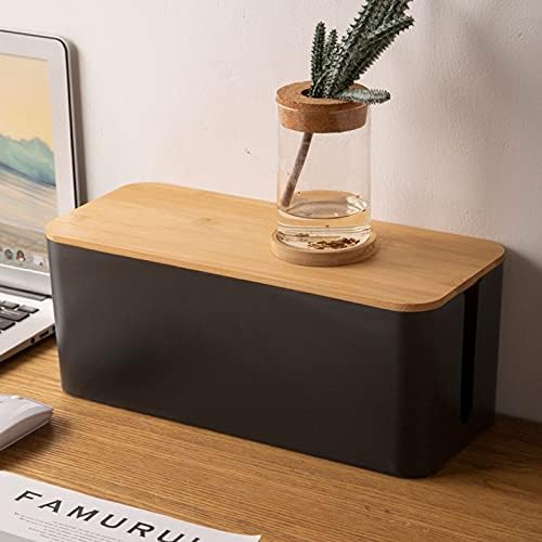EVADOW Set of 3 Cable Management Box with Bamboo Lid, Black Wire Core Cable Tidy Box Conceal and Hide Cable Wire Extension Organizer Box for Home, Office | Size for Large, Medium, Small