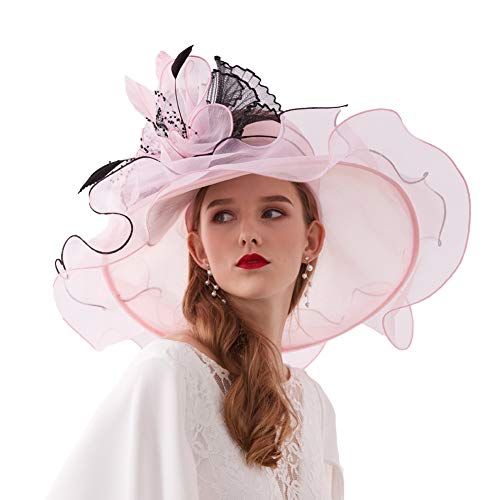 Go Mai Women Kentucky Derby Hat Organza Hats Two Wear Ways,Hat Flower Can Be Used As a Headwear, Light Pink, One Size - Thumbnail 4