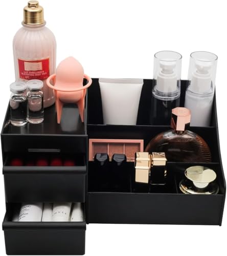 Image of PAXCOO skin care organizer, makeup desk organizer with drawers, countertop organizer for cosmetics, vanity brush with holder for lipstick, brushes, eyeshadow and jewelry desktop finish dresser-Black