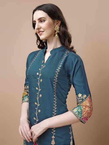 Image of Granthva Fab Women's Chanderi Silk Embroidered Straight Kurta with Palazzos and Dupatta