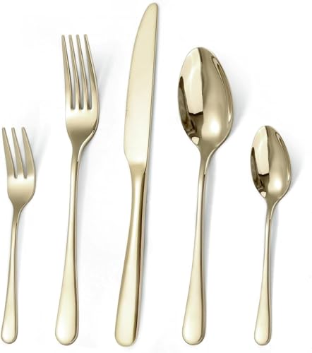 Targzier Set de couverts pour 6 personnes, 30 pièces champagne doré, couteau brillant, fourchette, cuillère, set de couverts polis miroir, couverts de table en acier inoxydable, passe au