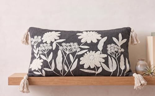 Image of Furnistitchs Boho Rectangle Cushion Cover 12x20 inches | Handmade Decorative Throw Pillow Case | Bohemian Home Decor Sofa Bed Cushion Cover Living Room Bedroom (2, Grey Floret, 12x20 inches)
