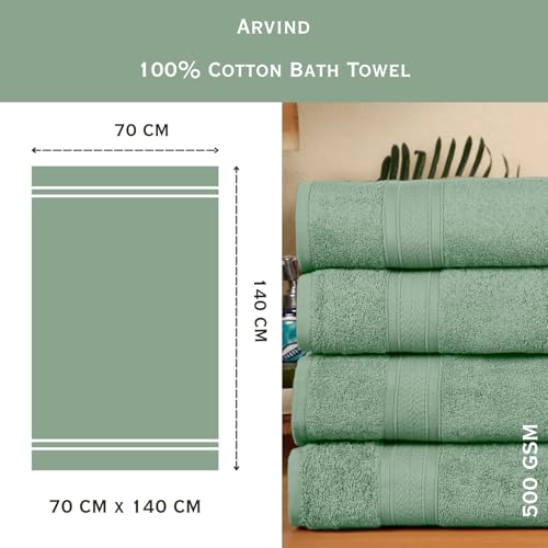 Image of Arvind 100% Cotton Towels for Bath | Towels for Bath Large Size | 500 GSM Bath Towel - Soft & Absorbent | 4 Piece Bath Towel for Men /Women | Urban Comfort | 70 cm x 140 cm - Aqua Green