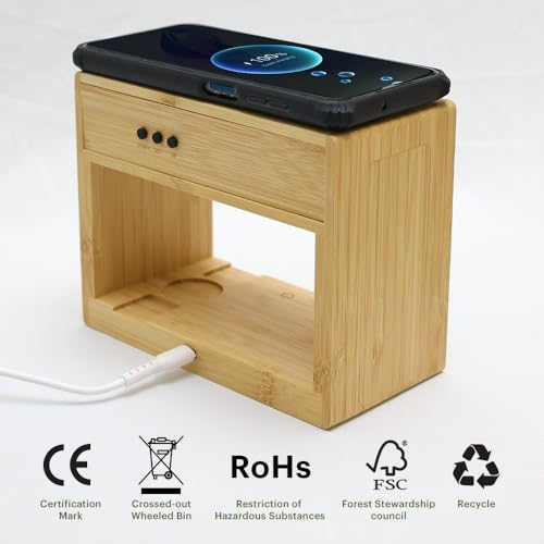 Image of Wangari Cypress 6-in-1 Bamboo Wireless Charging Station | Qi-Certified Fast Charger for Smartphone, Earbuds, Smartwatch | Digital Clock, Lamp & Temperature Indicator