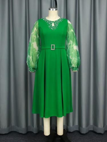 AOMEI Women's Long Lantern Sleeve Beaded Round Neck A-line Midi Dress for Church Evening Party4
