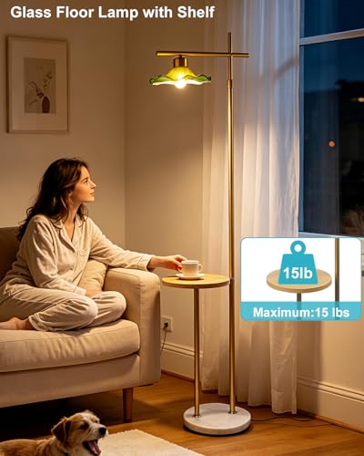 Image of Lightdot Modern Glass Floor Lamp with Table, Gold Standing Lamp with Green Lotus Leaf Glass Shade, Dimmable LED Floor Lamp with Marble Base for Living Room Bedroom Home Decor, Bulb Included