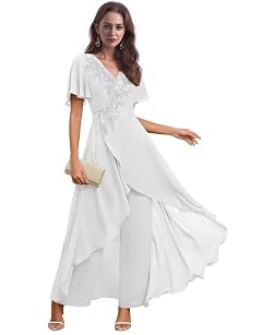 Mother of The Bride Pant Suits with Chiffon Appliques for Women Formal Wedding Evening Dresses DM04