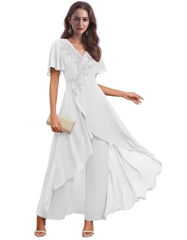 Mother of The Bride Pant Suits with Chiffon Appliques for Women Formal Wedding Evening Dresses DM04