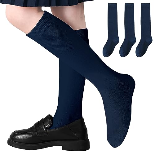Coziwill Socks - Girls Knee High Socks Boys School Uniform Socks Breathable Seamless Kids Knee High Stockings Cotton Long Tube Socks Children 3 Pairs (Dark Navy, 7-10 Years)