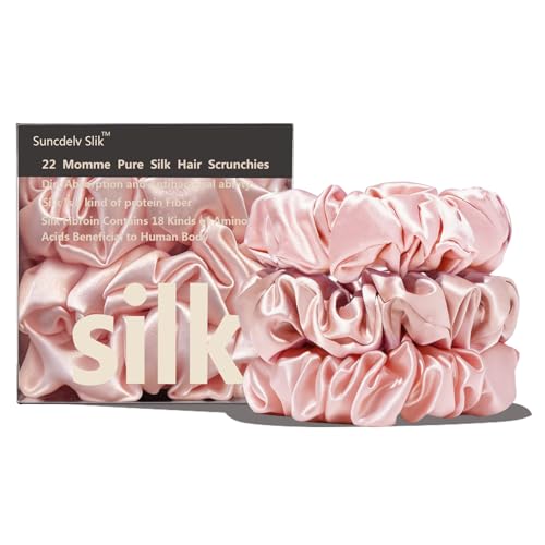 Suncdelv Silk,100% Silk Scrunchies for Hair,22 Momme Hair Ties for Anti-Crease & Breakage,Natural Women Hair Accessories，Fashion Hairbands 3PCS（Pink）