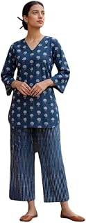 Omkar Prints Women’s Cotton Printed Kurta with Striped Palazzo Pants Set – Casual Ethnic Kurta Palazzo Set with 3/4 Sleeve... Price In India
