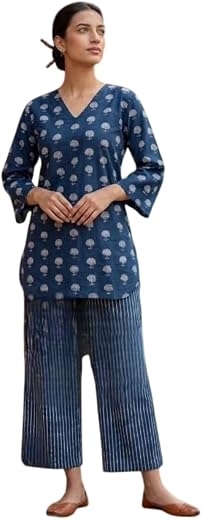 Omkar Prints Women’s Cotton Printed Kurta with Striped Palazzo Pants Set – Casual Ethnic Kurta Palazzo Set with 3/4 Sleeve...