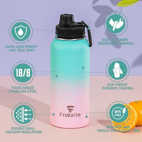 Image of Fruitalite Thermosteel Fruit Infuser Water Bottle- 1000ml with Screw /Spout Lid, Steel Infusion Rod, Infused Detox Recipe eBook, Double-Wall Vacuum Insulated Stainless Steel Bottle- Bubble Gum