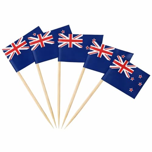AhfuLife 100PCS Drapeau Cure-dent Nouvelle-Zélande, Pic Drapeau Néo-Zélandais pour Topper de Coupe, Cure Dent Drapeau Nouvelle-Zélande pour Jardin Bar Pub Coupe du monde Football Match Décoration
