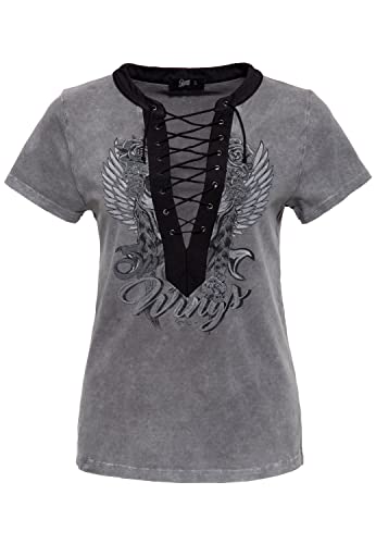 Queen Kerosin T-shirt pour femme | Acid Wash | Slim Fit | Lacets et œillets au niveau du col | Manches courtes | Imprimé sur le devant | Skull | Angelwings Spread Your Wings, gris, S Cover