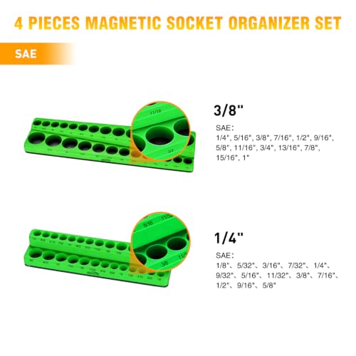 Image of GOOACC 3 PCS Magnetic Socket Organizer Set, Heavy Duty Socket Organizer Tray 1 /4 inch 3 /8 inch 1 /2 Inch SAE Impact Drive Sockets Holds 68, Magnetic Socket Holder for Tool Box Drawer Chest Garage Storage,Green