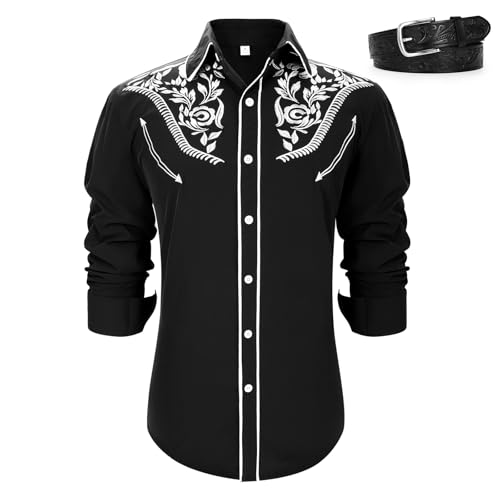 Black Western Cowboy Shirts and Western Leather Belt for Men