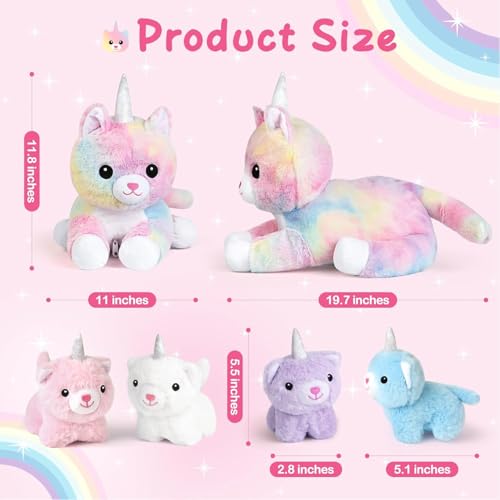 Image of KMUYSL Toys for Ages 0 1 2 3 4 5 6 7 8+ Years - Plush Mommy Stuffed Animal with 4 Babies in Her Tummy, Soft Plush Toys Set, Christmas Birthday Gifts for Girls Boys, Toddler, Kids (Unicorn Cat Toys)