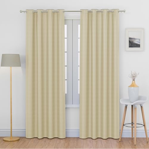 Image of LINENWALAS 100% True Blackout Curtains 6 Feet Long - 1 Panel Curtain, Herringbone Embossed Design Complete Light Block, Thermal Insulated & Noise Reducing Room Darkening Curtains (Beige)