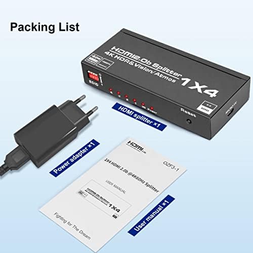 1X4 HDMI Splitter 4K@60Hz, HDMI 2.0 & HDCP 2.0 Audio Video Distributor, Support Ultra HD 1080P & 3D, Compatible with Xbox PS3/4 Roku Blu-Ray Player