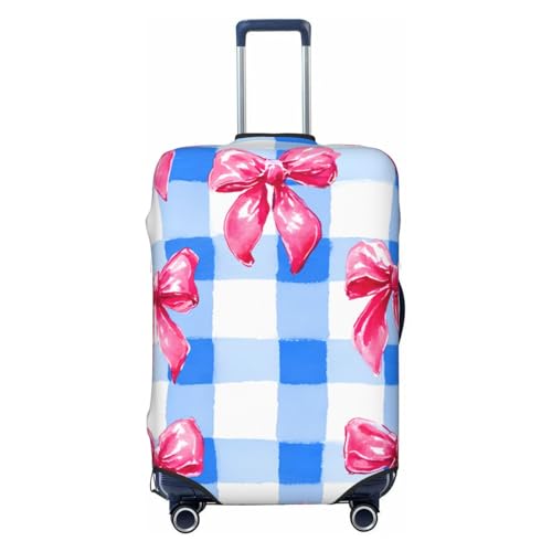 Blue Checkered Bow Elastic Travel Luggage Cover, Washable Spandex Suitcase Protector, Anti-Scratch Fits 18-32 Inch