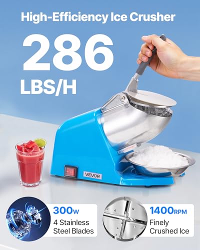 Image of VEVOR Ice Crusher Machine, 286lbs Per Hour Electric 4 Blades Snow Cone Maker, Stainless Steel Shaved Ice Machine with Bowl and Cover, 300W 2000RPM Ice-Shaver for Home and Commercial Use, Blue