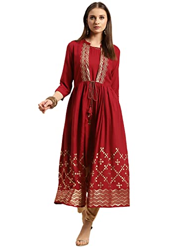 rangita Maroon Rayon Calf Length Printed Double Layered Kurti for...